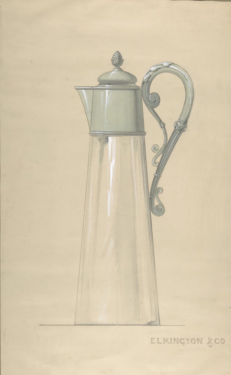 Suunnittelu lasi- ja hopeavesikannulle, kannella, 1820-65. tekijältä George Richards Elkington