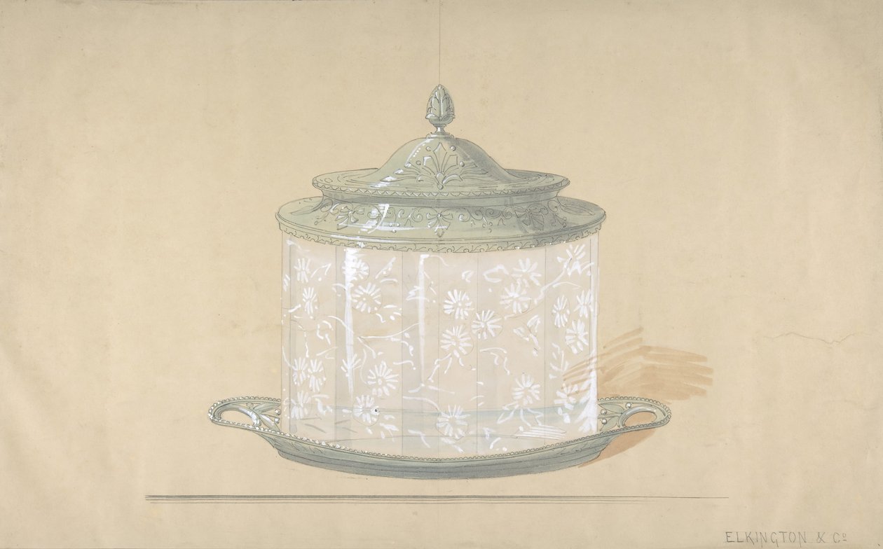 Suunnittelu lasilaatikolle, jossa on hopeapohja ja kansi, 1820-65. tekijältä George Richards Elkington