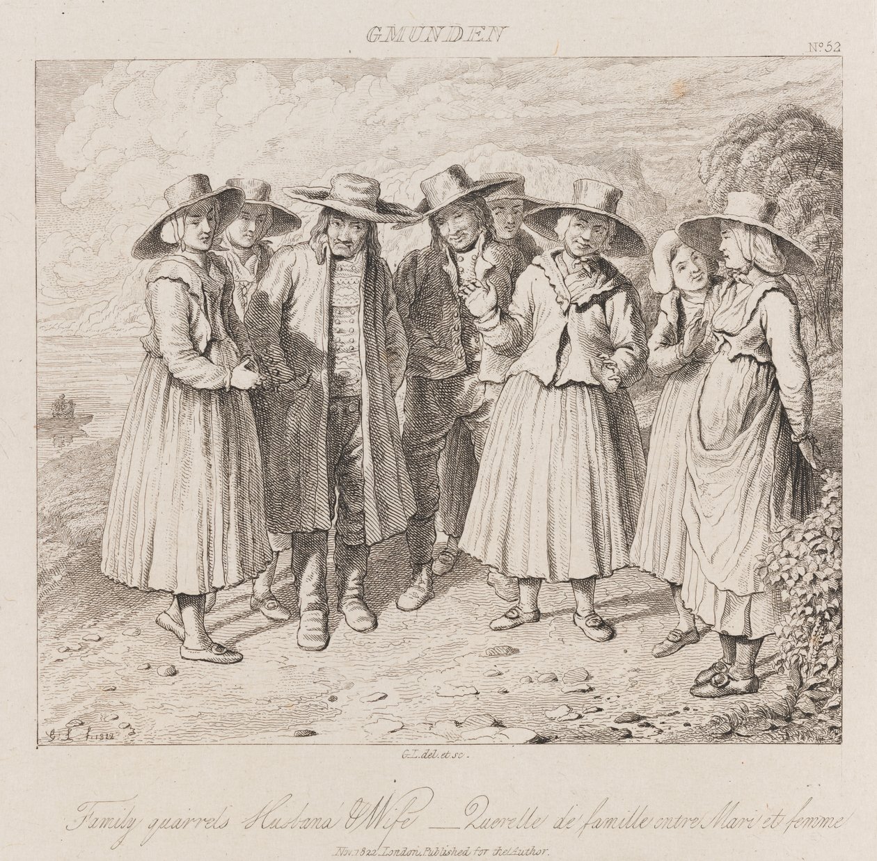 Perhekiista, Gmunden, n. 1821 (etsaus) tekijältä George Robert Lewis