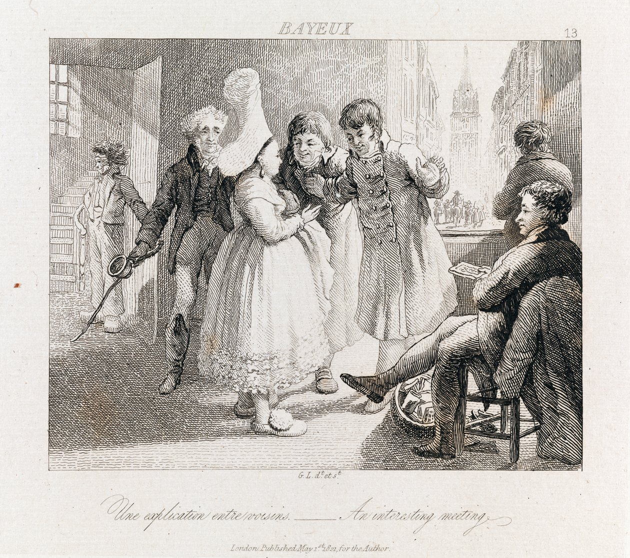 Mielenkiintoinen tapaaminen - Bayeux, n. 1821 (etsaus) tekijältä George Robert Lewis
