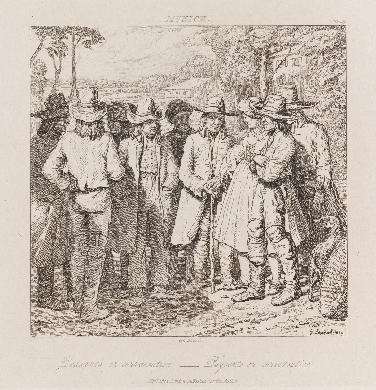 Talonpoikien keskustelu, München, n. 1821 (etsaus) tekijältä George Robert Lewis