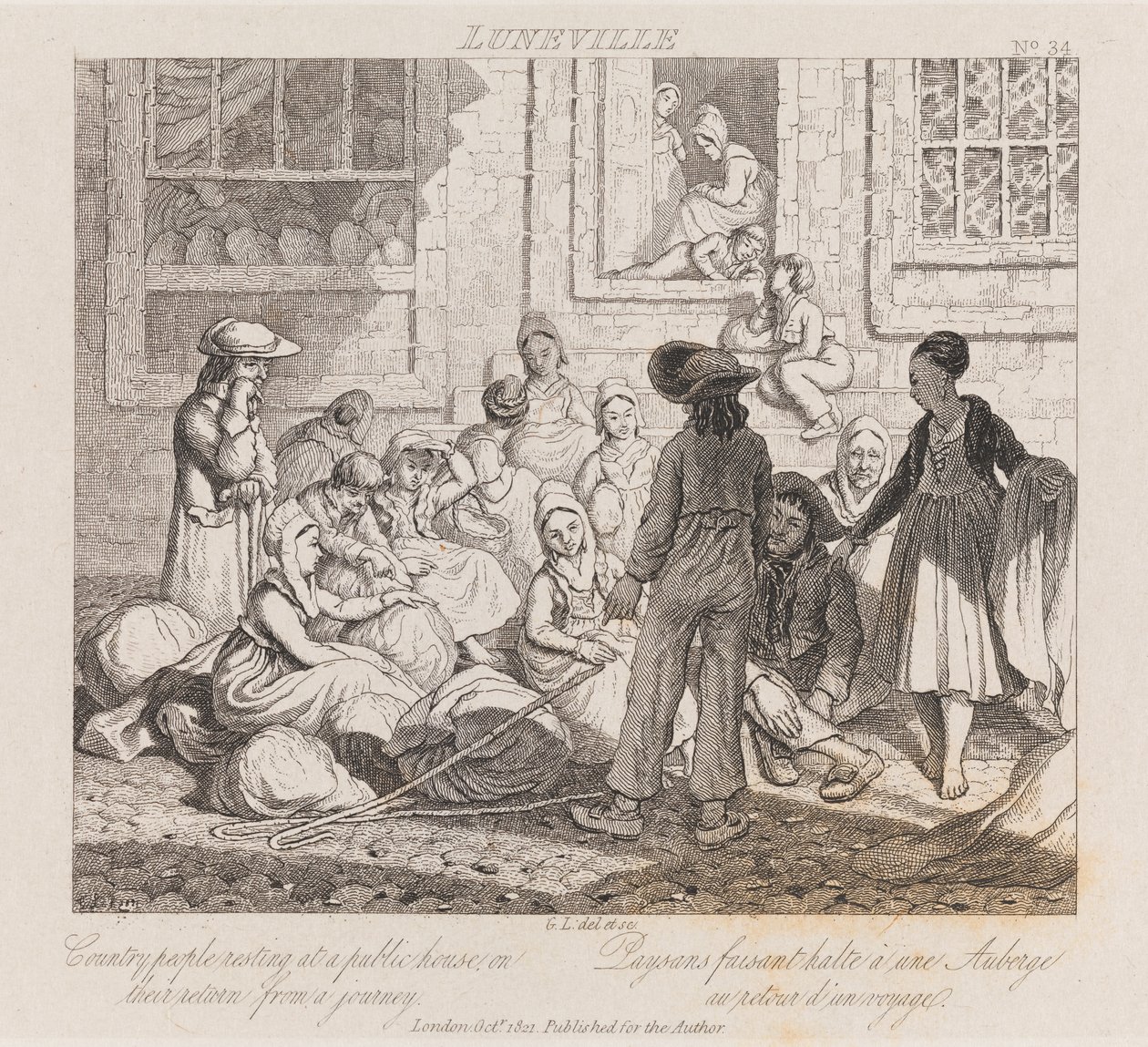 Talonpoikien lepo, Luneville, n. 1821 (etsaus) tekijältä George Robert Lewis