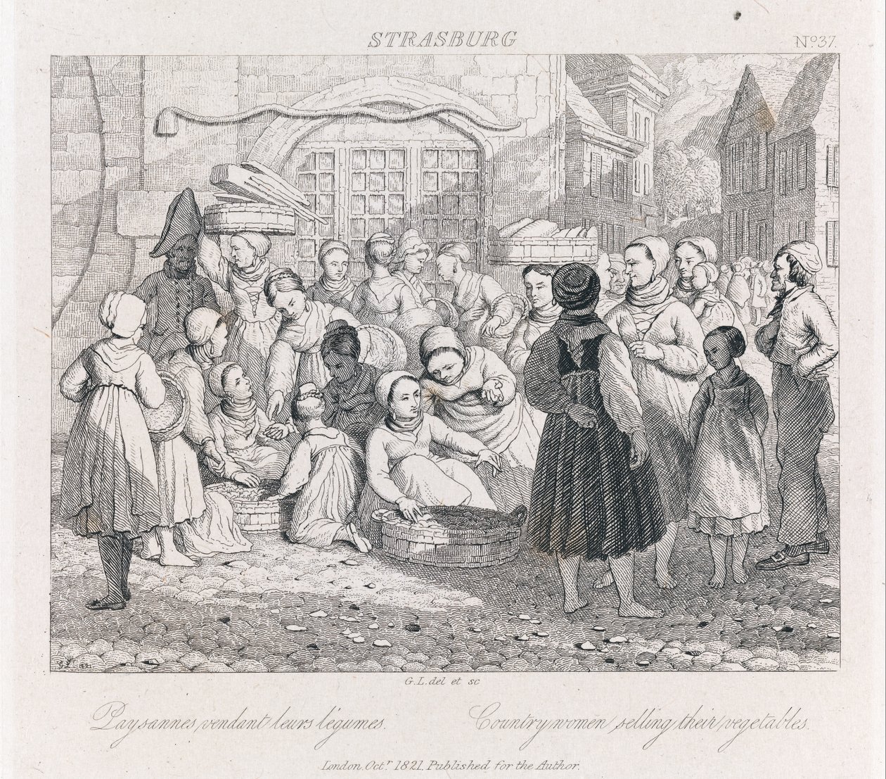 Talonpoikien myynti, Strasburg, n. 1821 (etsaus) tekijältä George Robert Lewis
