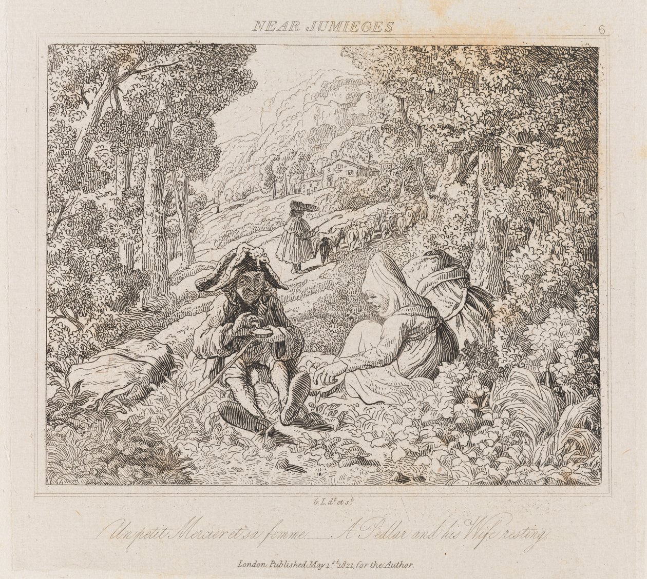Kauppias ja vaimo lähellä Jumiegesia, n. 1821 (etsaus) tekijältä George Robert Lewis