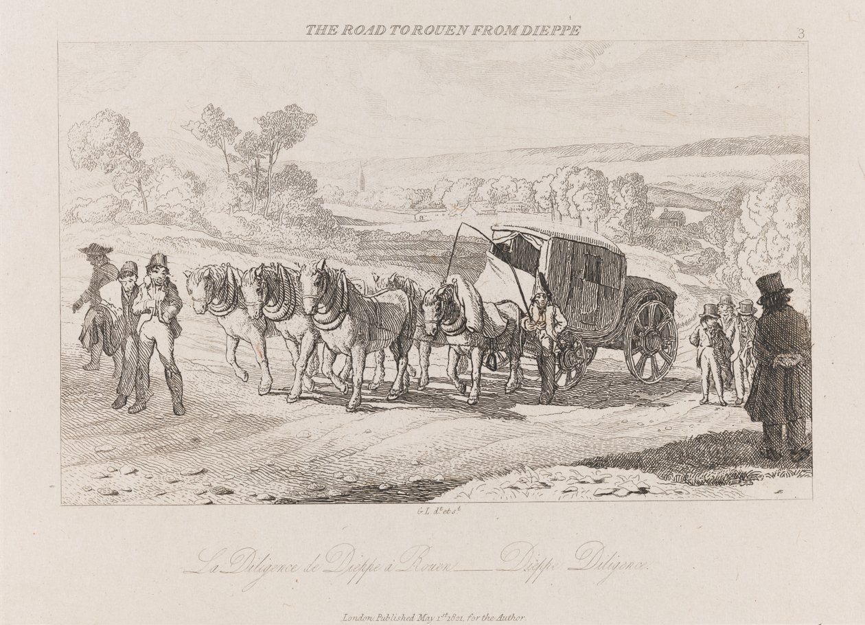 Tie Roueniin Dieppestä, Diligence, n. 1821 (etsaus) tekijältä George Robert Lewis