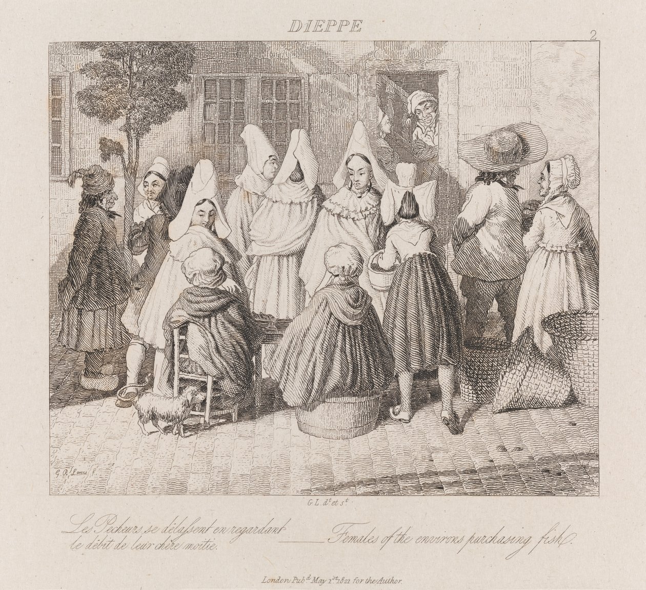 Naiset ostavat kalaa, Dieppe, n. 1821 (etsaus) tekijältä George Robert Lewis
