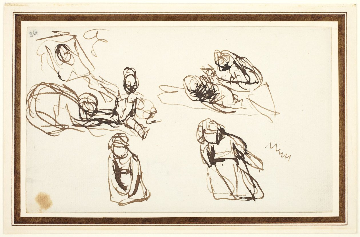 Maassa istuvat lapset, mahdollisesti luonnoksia teokseen ”Infant Shakespeare with Tragedy and Comedy” tekijältä George Romney