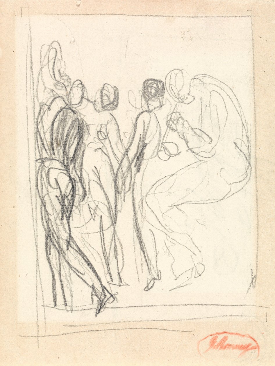 Tanssijat ja muusikot, luultavasti teokseen ”L’Allegro” tekijältä George Romney
