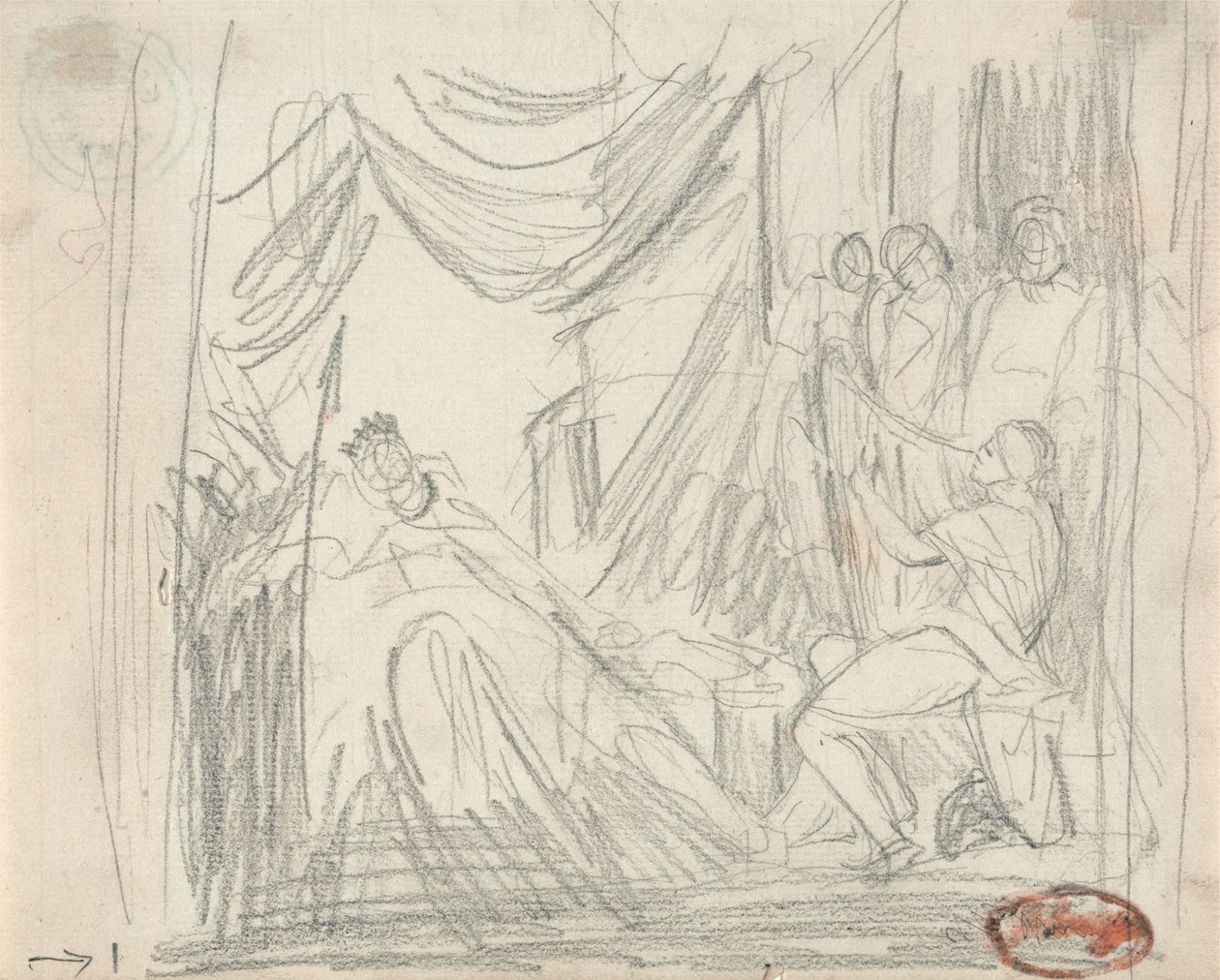 Daavid soittaa harppua kuningas Saulin edessä tekijältä George Romney