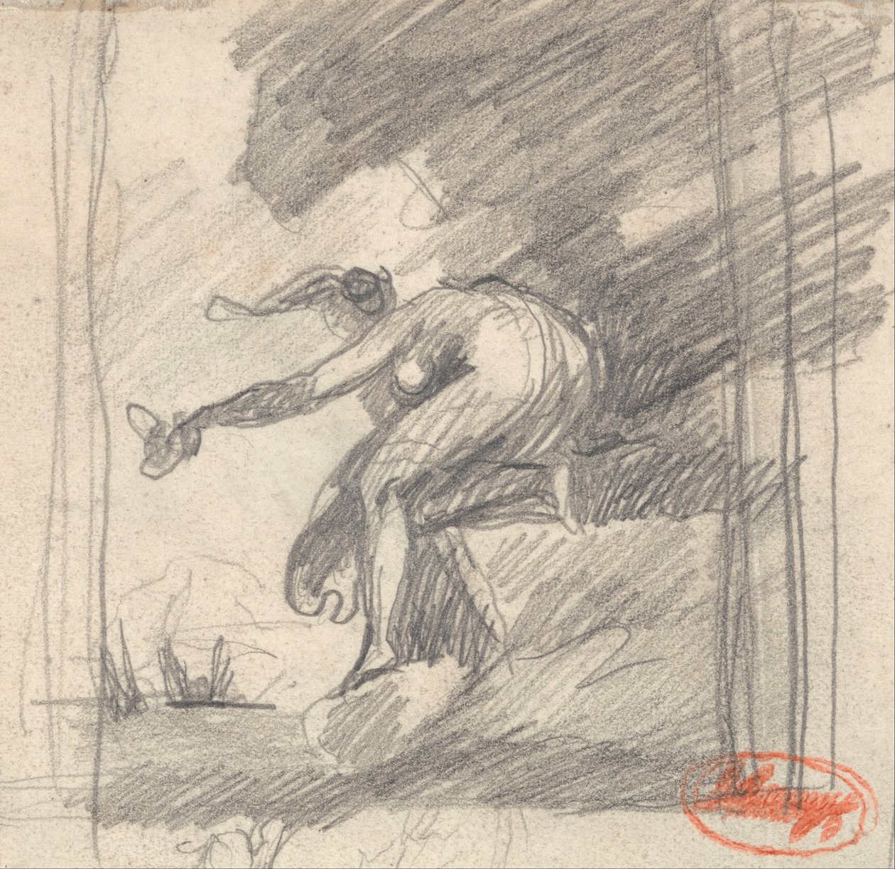 Naishahmo polvistuu niemellä, vilkuttaa tekijältä George Romney