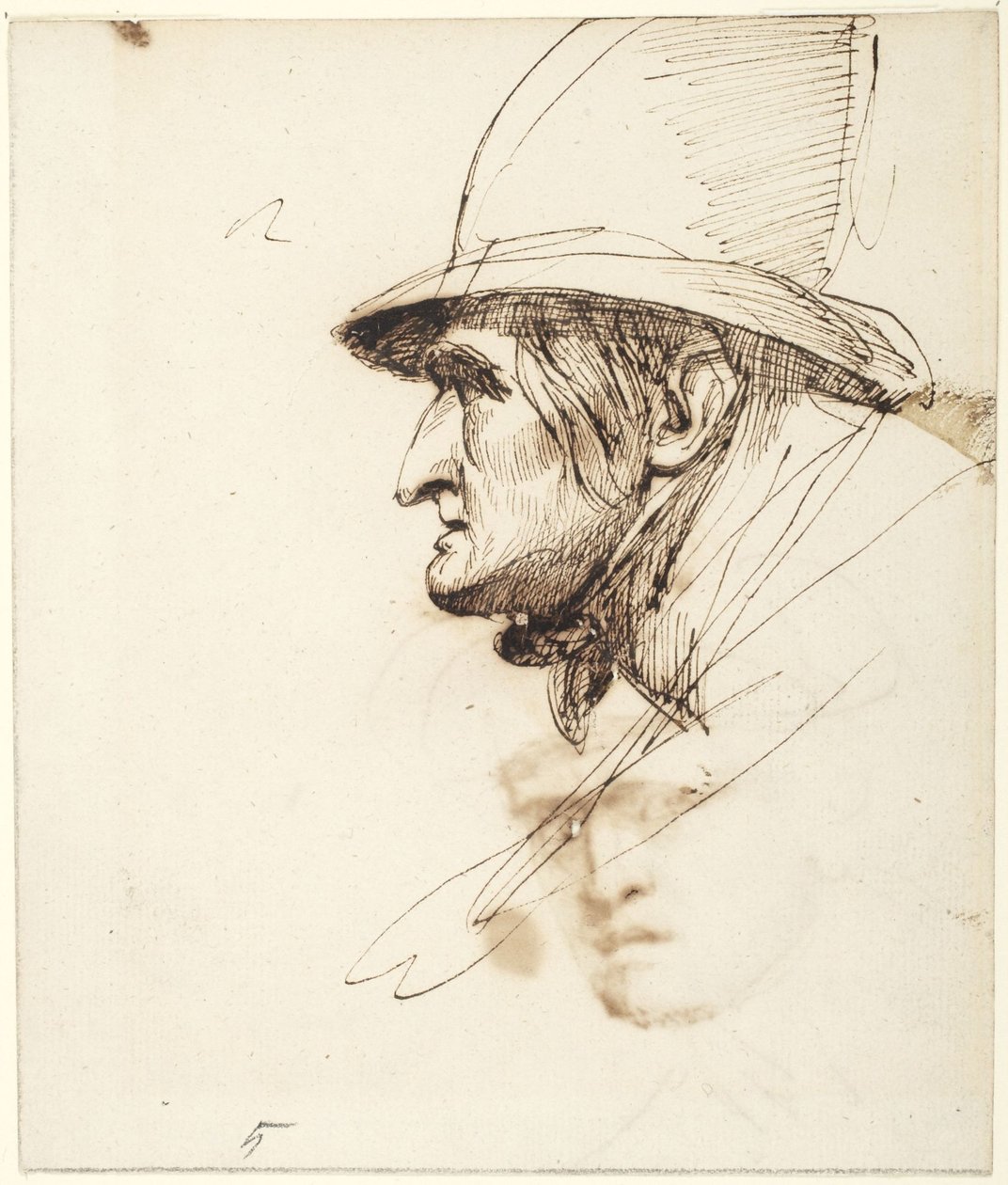 Miehen pää profiilista, jolla on suuri hattu tekijältä George Romney
