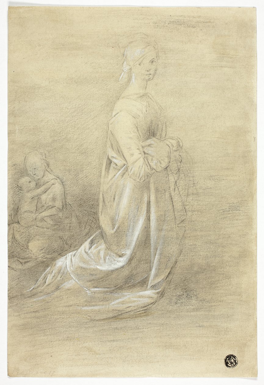 Polvistuva nainen, istuva äiti ja lapsi tekijältä George Romney