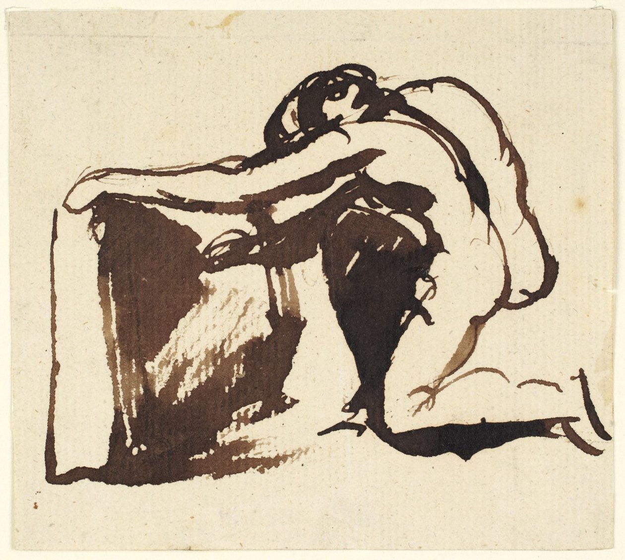 Polvillaan istuva alaston hahmo, joka kirjoittaa suurelle taululle tekijältä George Romney