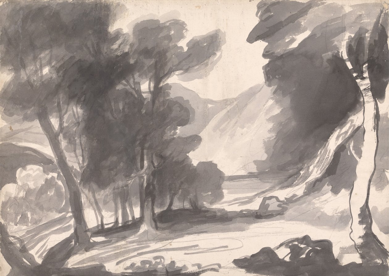 Maisemapiirros: Lehtimetsä, järvi ja vuoret tekijältä George Romney