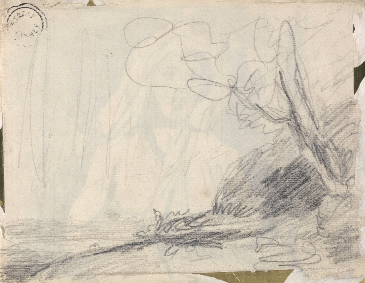 Maisemaluonnos teoksesta ”Titaniaan seuralaiset jahtaavat lepakoita” tekijältä George Romney
