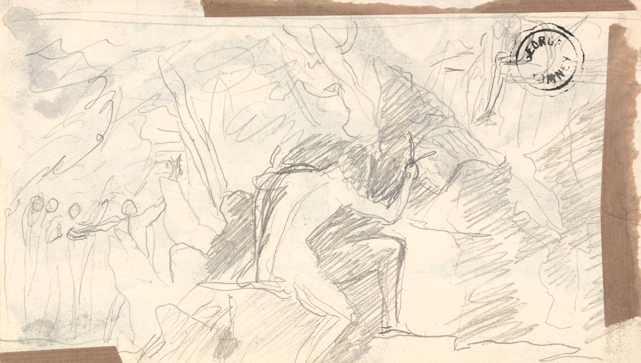 Alaston mies kallioisessa erämaassa, taustalla kaukaisia hahmoja tekijältä George Romney
