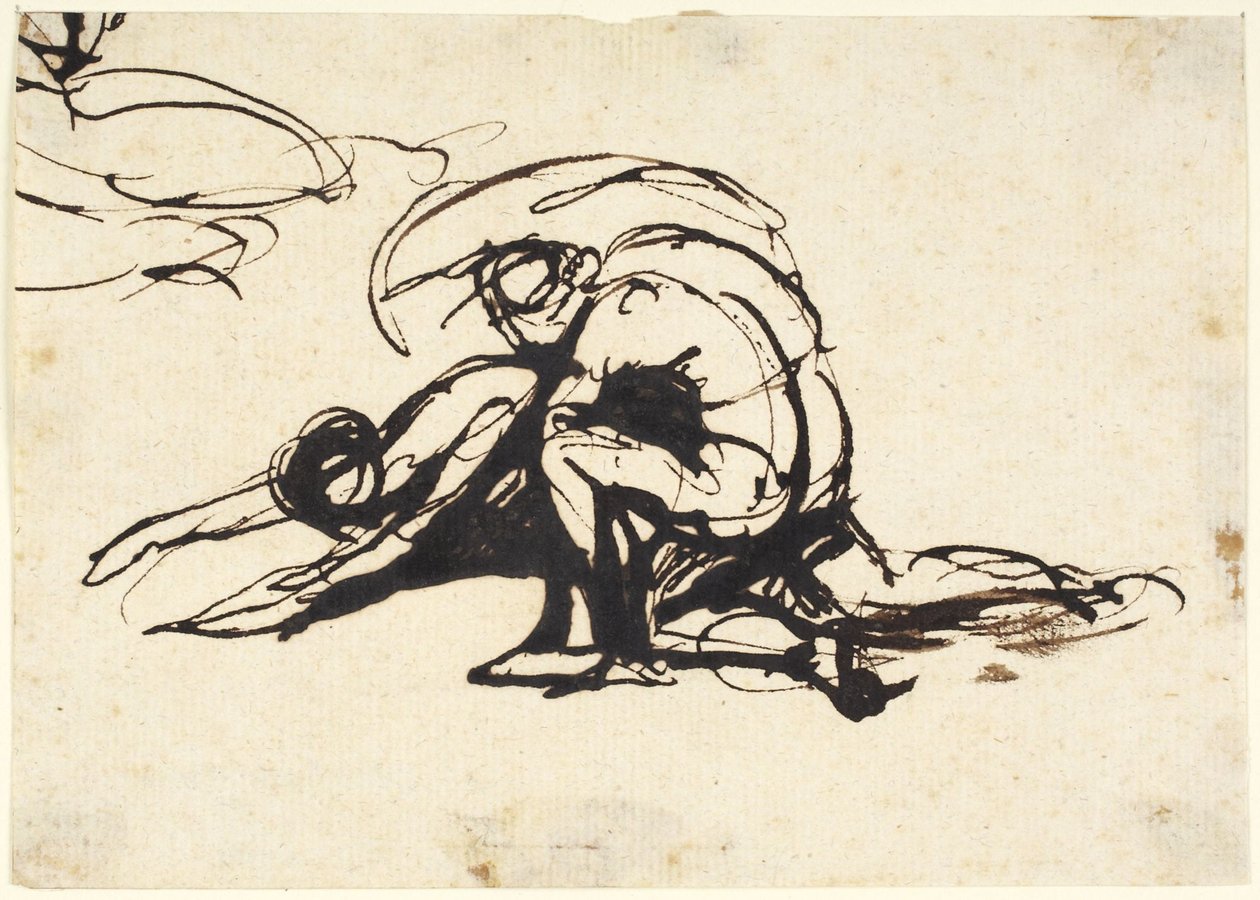 Alaston hahmo kumartuu kaatuneen hahmon ylle tekijältä George Romney
