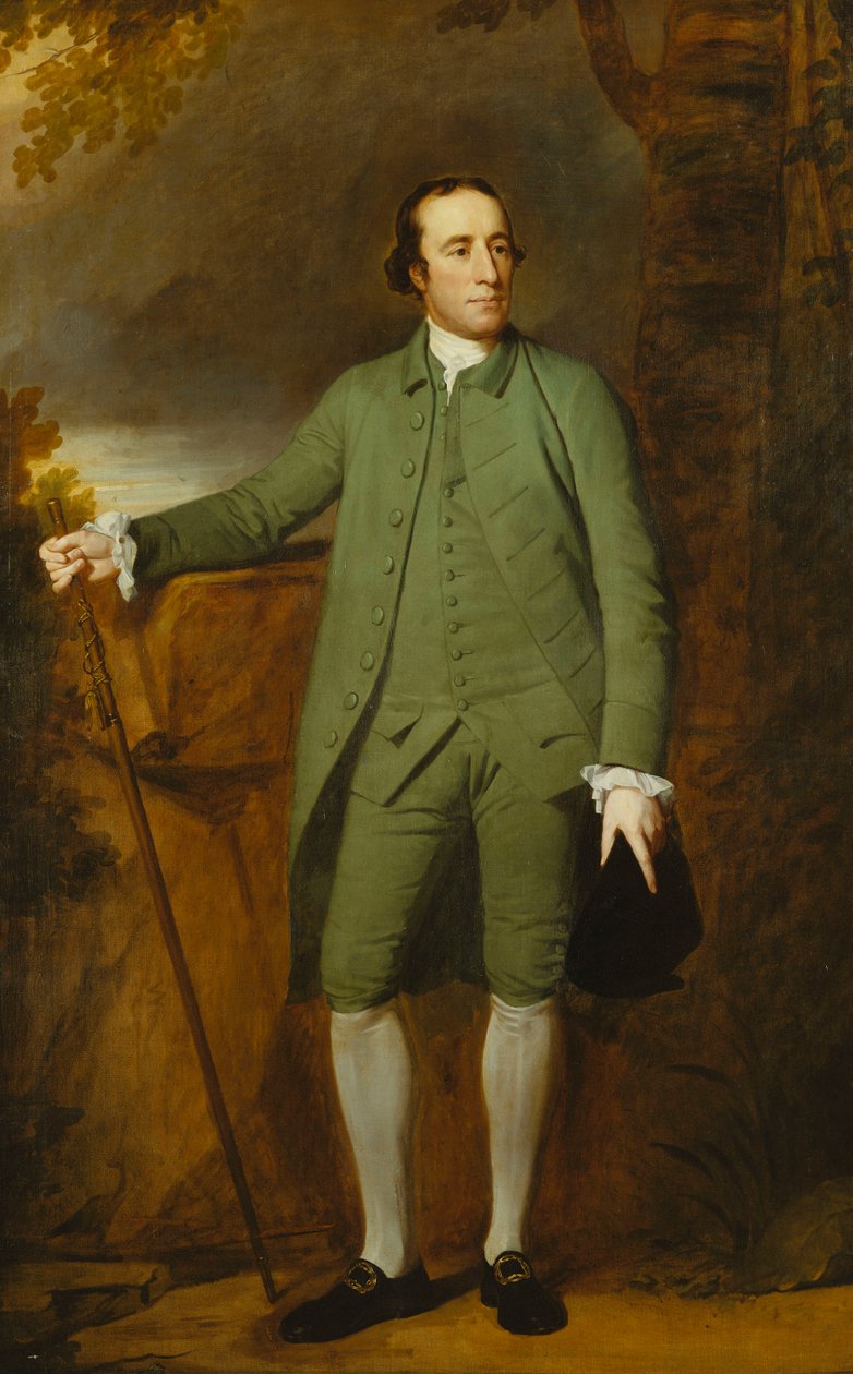 Muotokuva George Morewoodista, seisomassa täyspitkänä, vihreässä takissa, liivissä ja housuissa, pitelee hattua vasemmassa kädessään, keppiä oikeassa, tekijältä George Romney