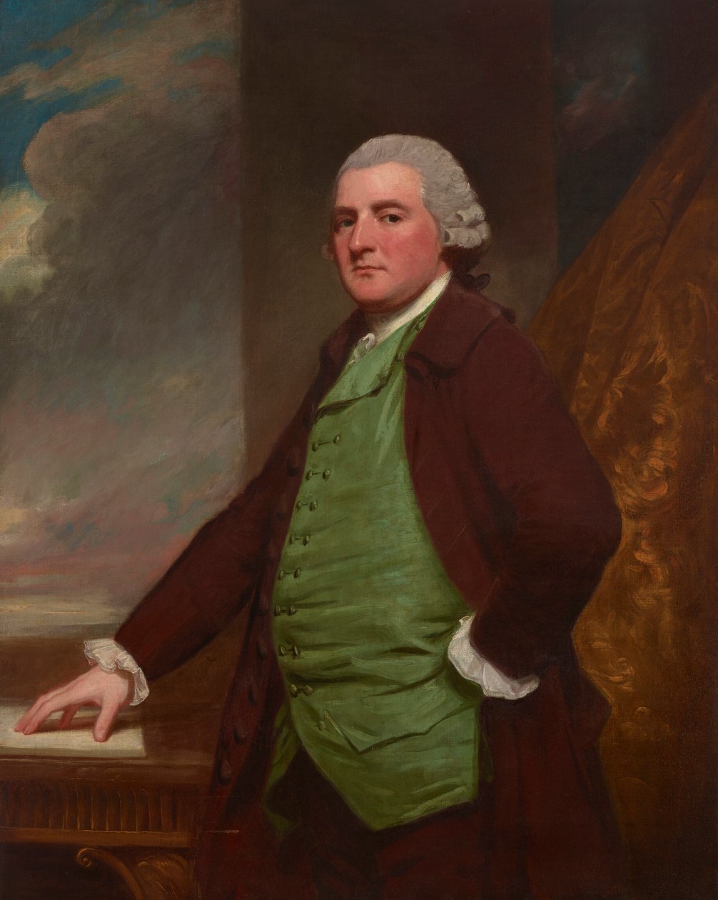 Muotokuva James Crossista Cliftonista, Bristolista (1739-1791), kolmevartalokuva, pöydän ääressä, jonka takana on maisema. tekijältä George Romney