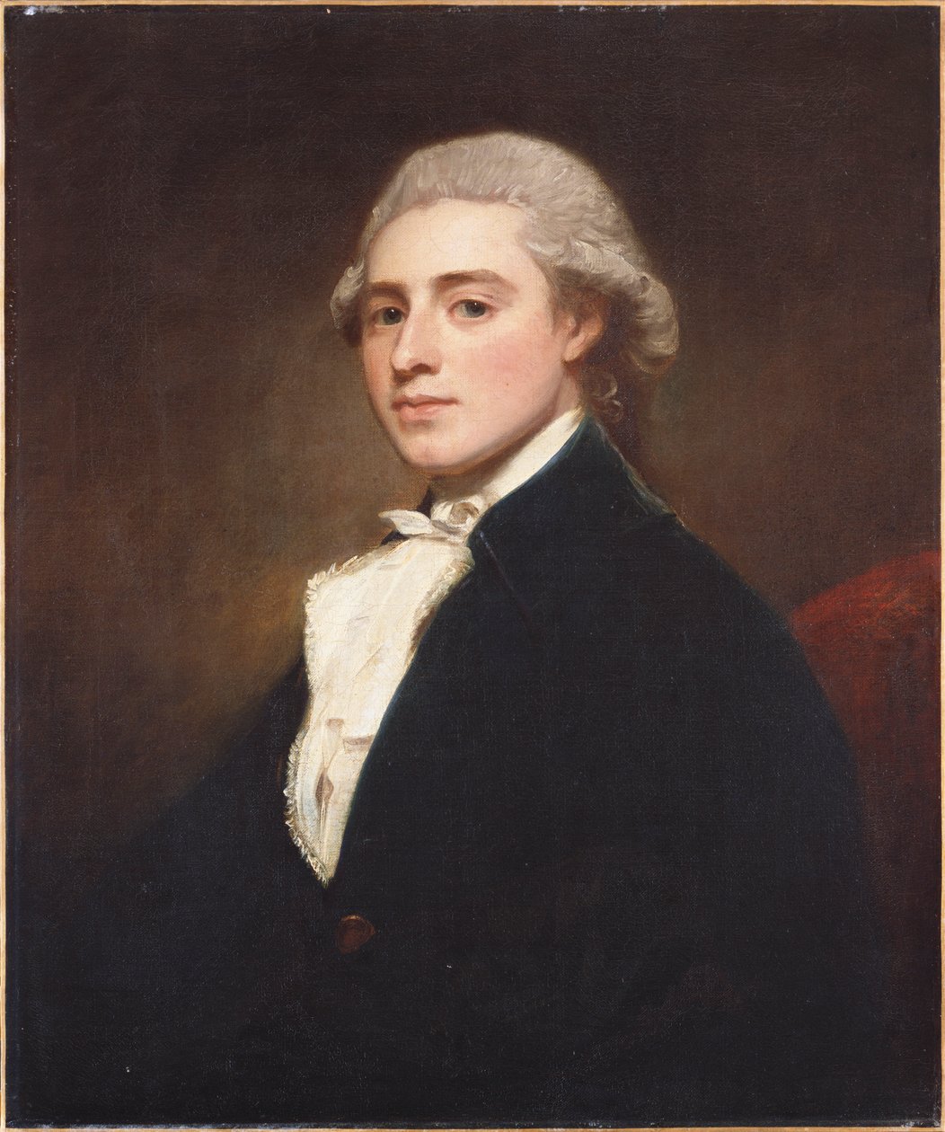 Muotokuva James Dashwoodista, puolipitkä, yllään sininen takki ja valkoinen jabot tekijältä George Romney