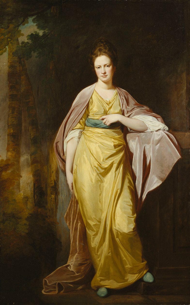 Muotokuva rouva Ellen Morewoodista, seisomassa täyspitkänä, keltaisessa mekossa, sinisessä vyössä ja mauve-käärmeessä, vasen käsivartensa nojaten jalustalle, tekijältä George Romney