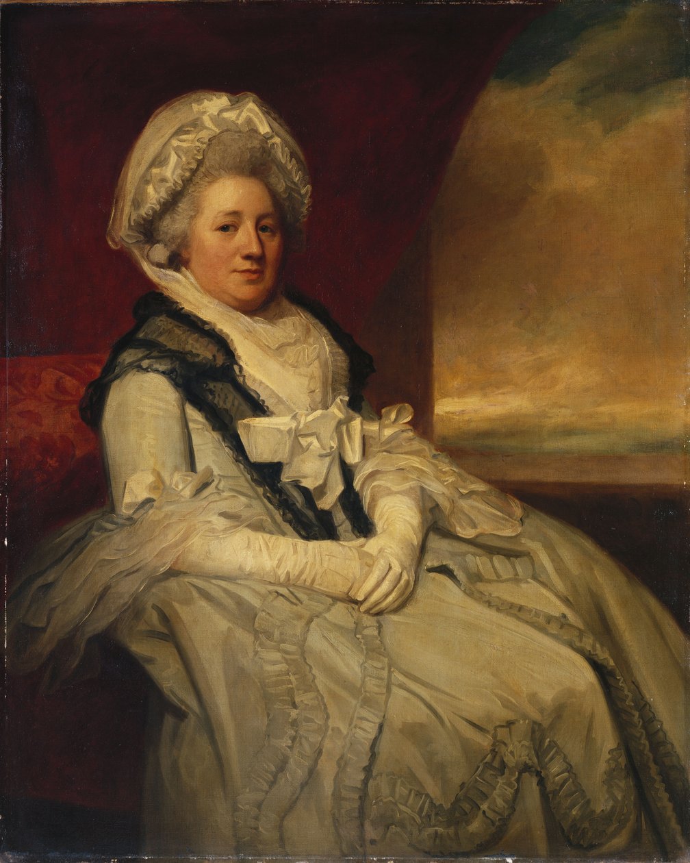 Muotokuva rouva Upplebystä, istuu kolme neljäsosaa pituudesta, yllään valkoinen mekko ja konepelti mustalla huivilla tekijältä George Romney