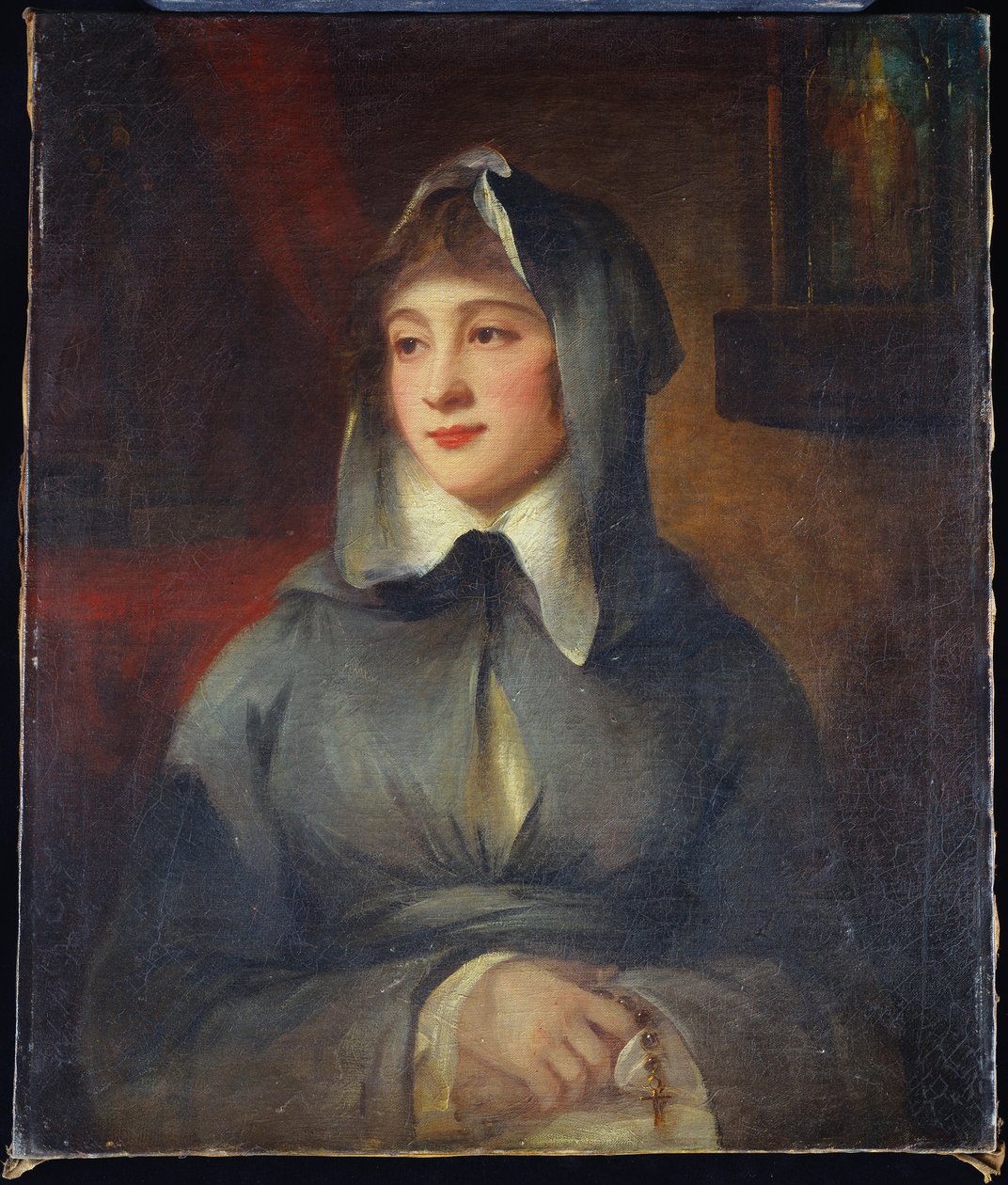 Naisen muotokuva, puolipitkä, nunna, kädessään rukous, pyhäkön luona sisätiloissa tekijältä George Romney