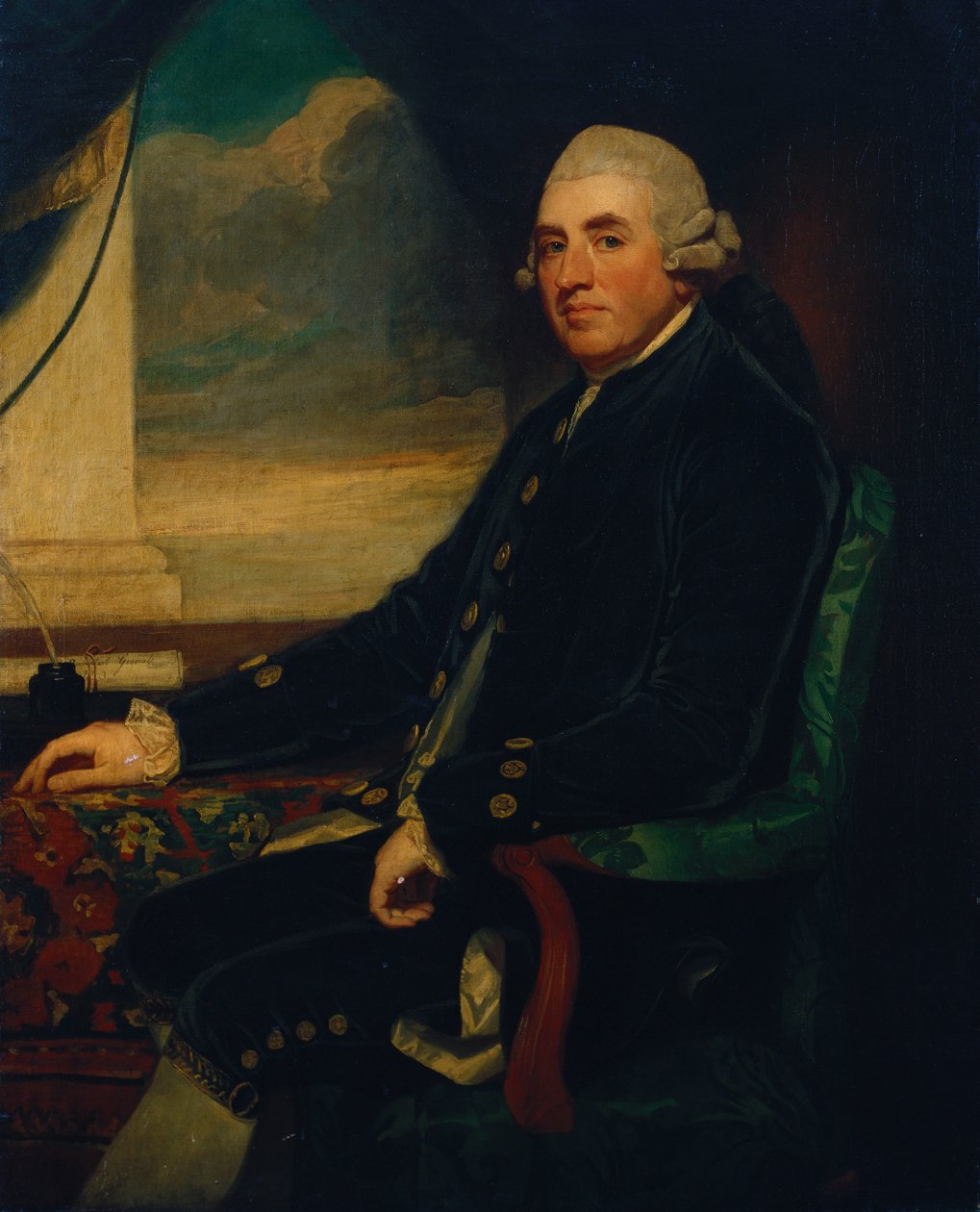 Farnhamin ensimmäisen jaarlin muotokuva, istuva, kolme neljäsosaa, avoimen ikkunan vieressä tekijältä George Romney