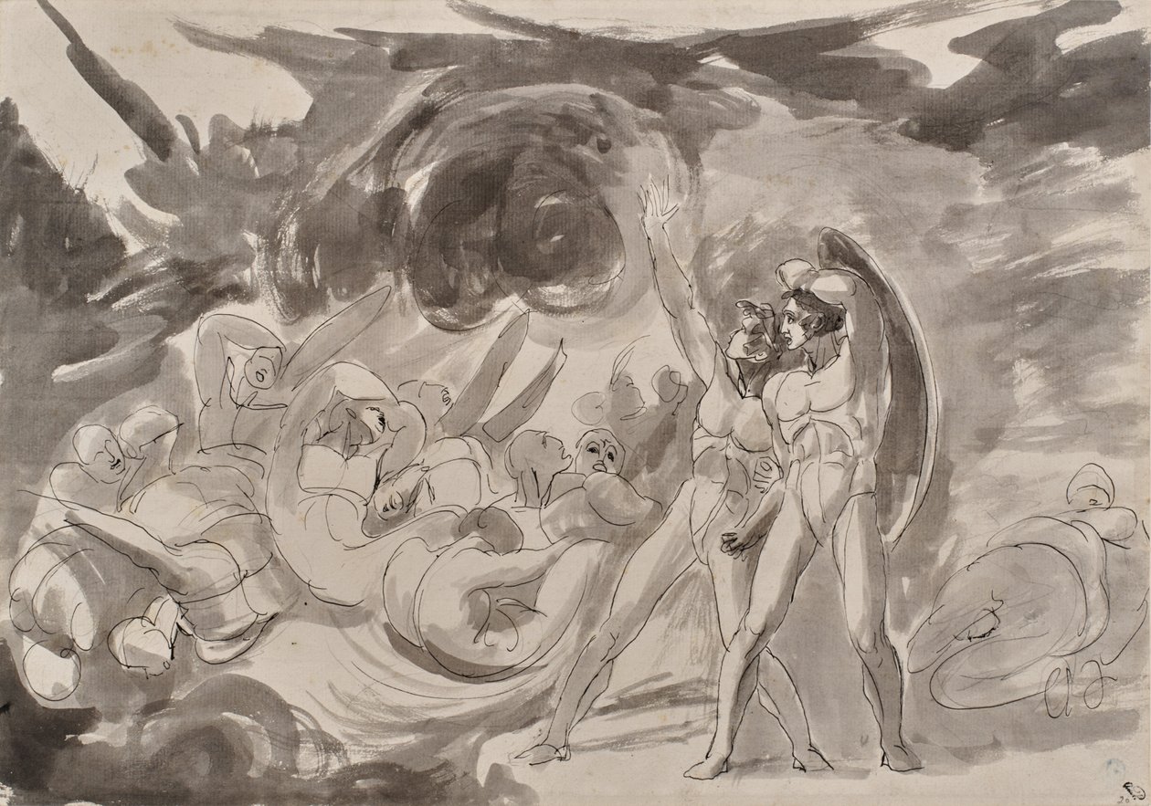Saatana tarkastelee langenneita enkeleitä tekijältä George Romney