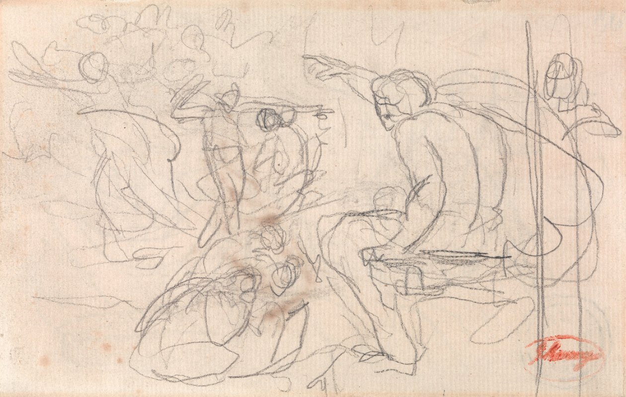 Istuva hahmo, joka langettaa tuomion polvistuneelle hahmolle tekijältä George Romney