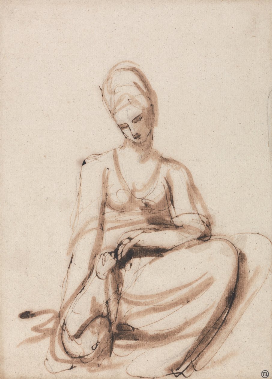 Istuva nainen ruokkimassa eläintä tekijältä George Romney