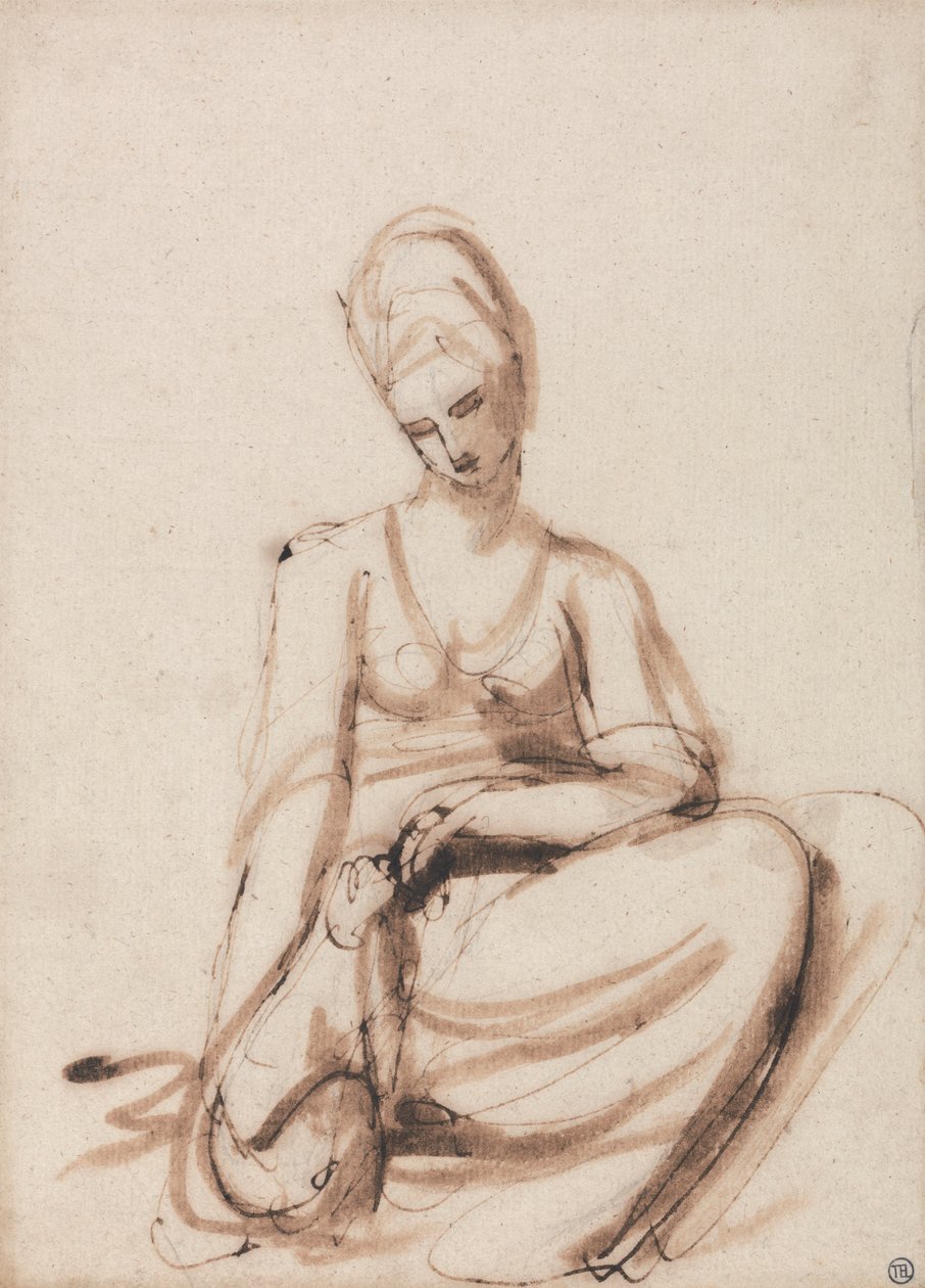 Istuva nainen ruokkimassa eläintä tekijältä George Romney