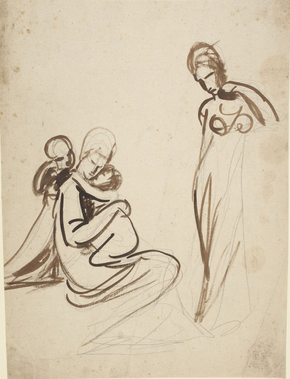 Istuva nainen kahden lapsen kanssa ja seisova nainen tekijältä George Romney