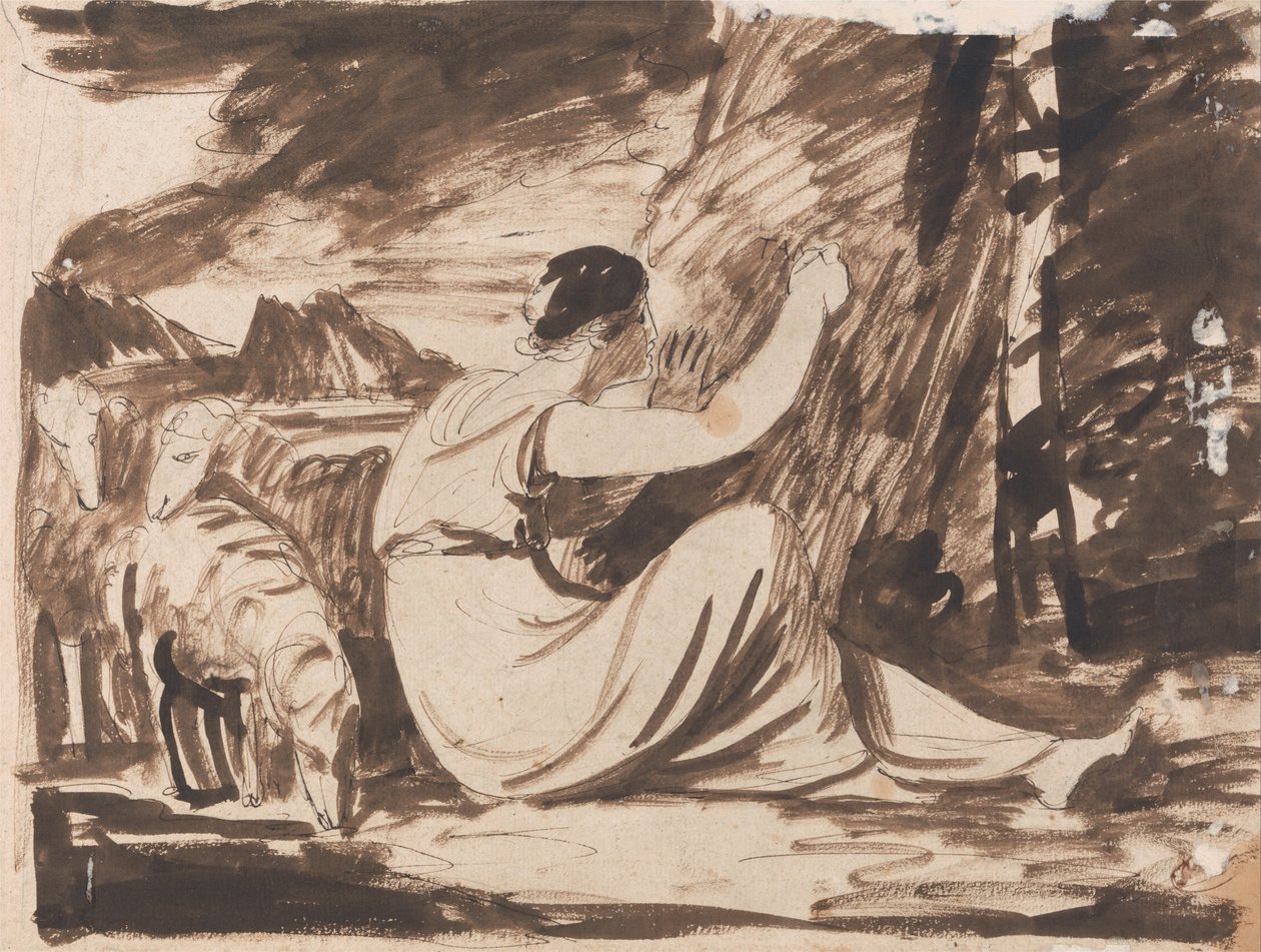 Paimentolaisnainen leikkaa kaiverrusta puuhun tekijältä George Romney