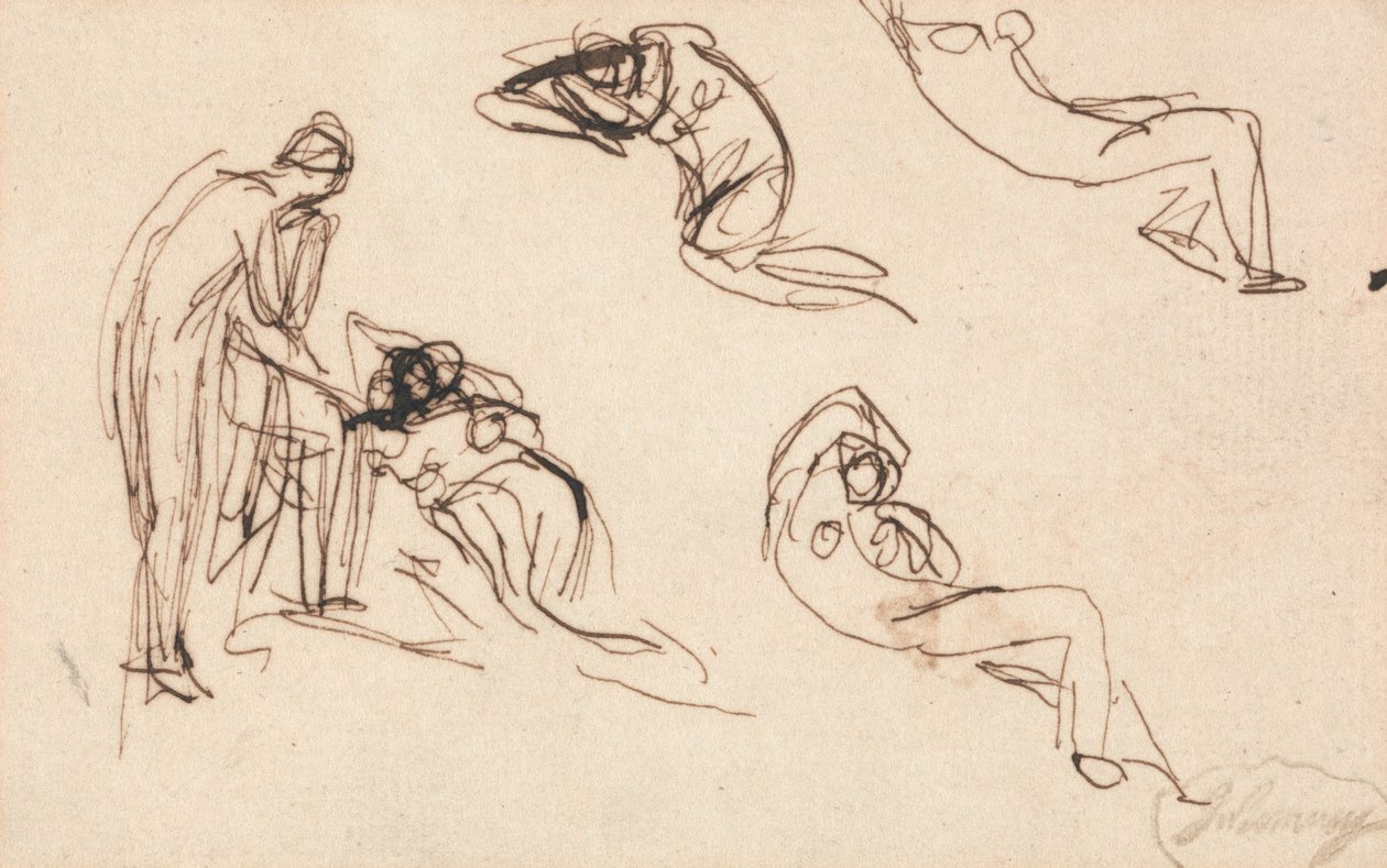 Seisova hahmo ja neljä makuulla olevaa hahmoa tekijältä George Romney