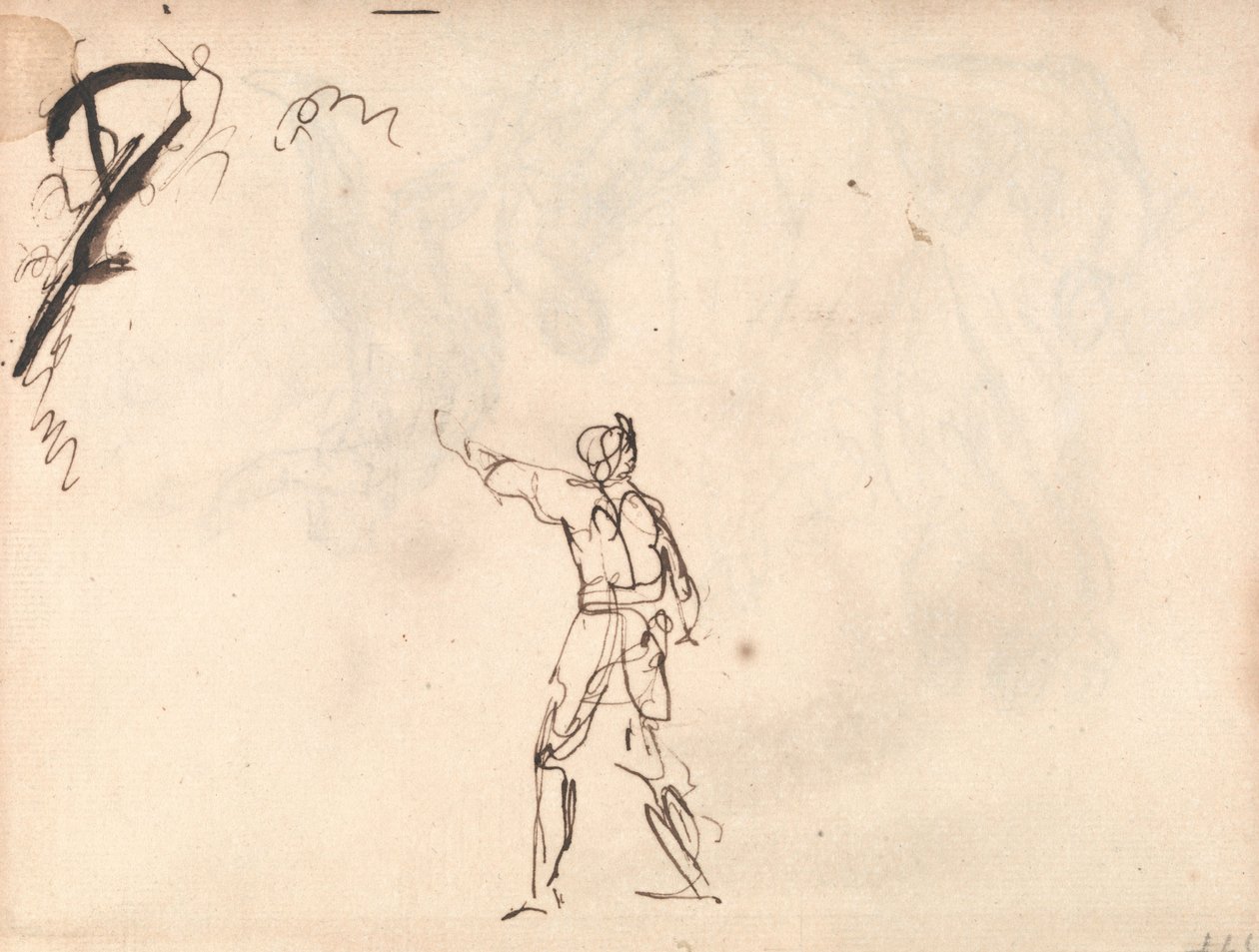Seisova hahmo, joka nostaa kätensä ylös; mahdollisesti Macbeth tekijältä George Romney