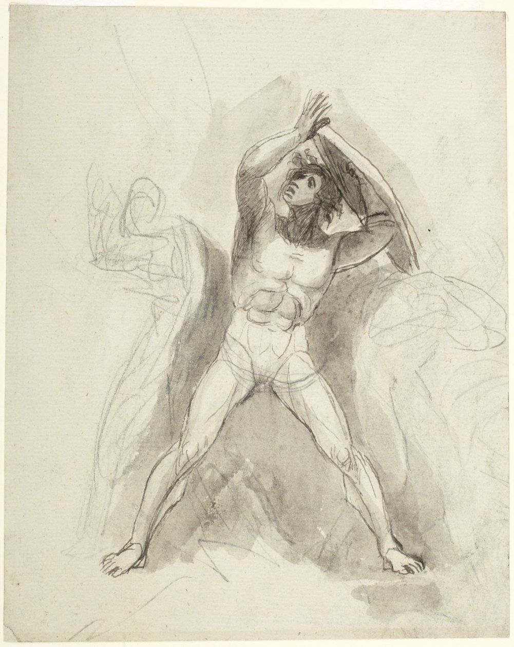 Seisova miesalaston, jolla on kilpi tekijältä George Romney
