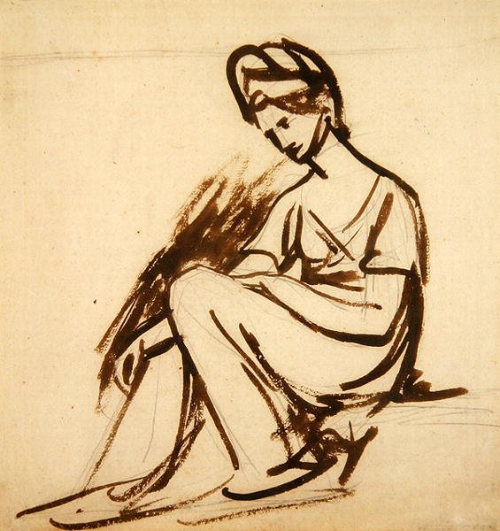 Tutkimus istuvan naisen muotokuvaa varten (ruskea muste ja lyijykynä paperille) tekijältä George Romney