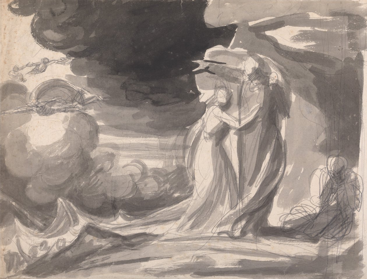 Luonnos ”Myrsky” -teoksen haaksirikkokohtaukseen: Prospero ja Miranda tekijältä George Romney