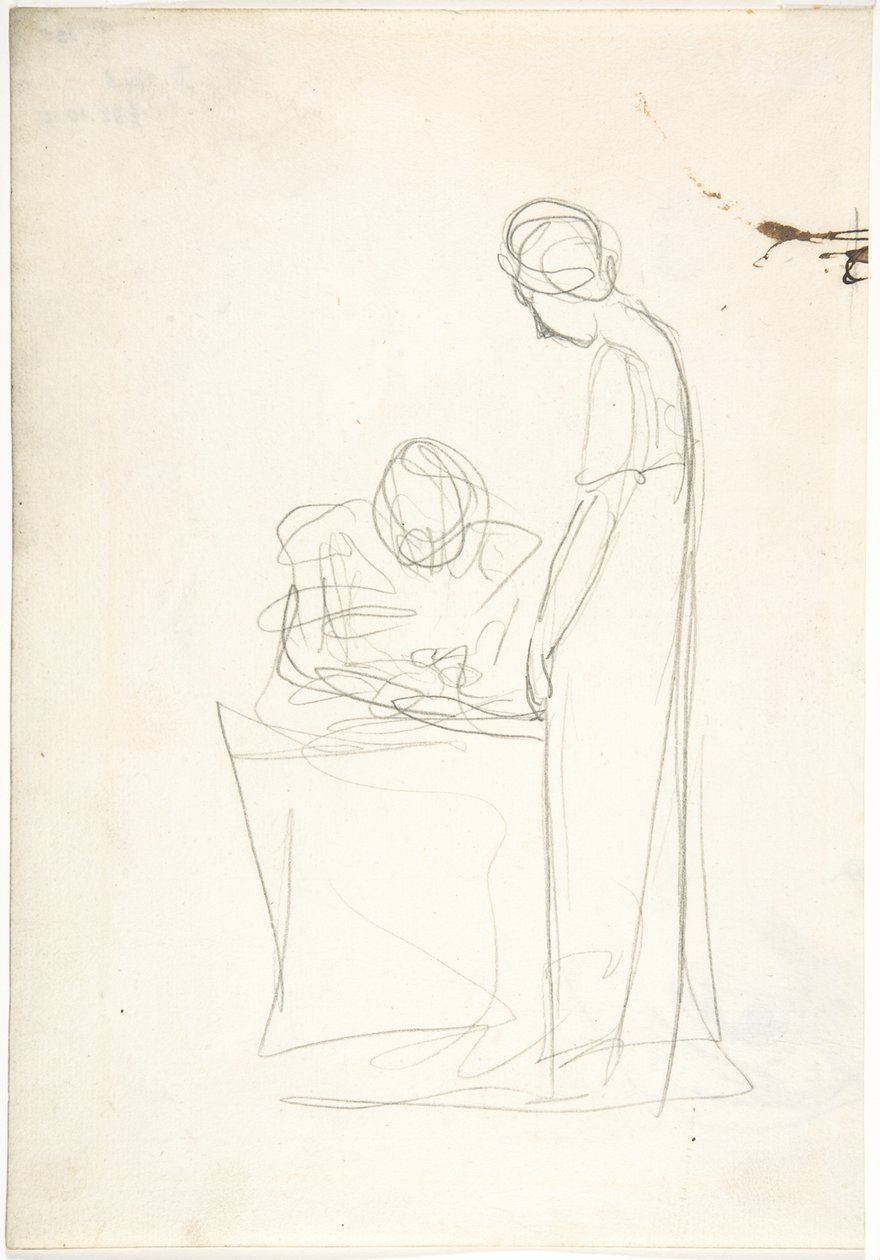 Kahden hahmon tutkielma: toinen istuu, toinen seisoo (etupuoli). Ylöspäin katsovan pään tutkielma (kääntöpuoli) tekijältä George Romney