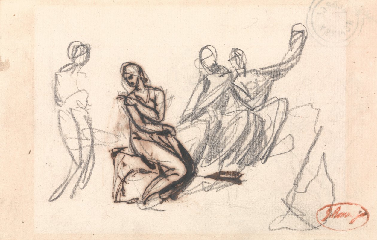 Kolme istuvaa hahmoa ja yksi seisova hahmo tekijältä George Romney