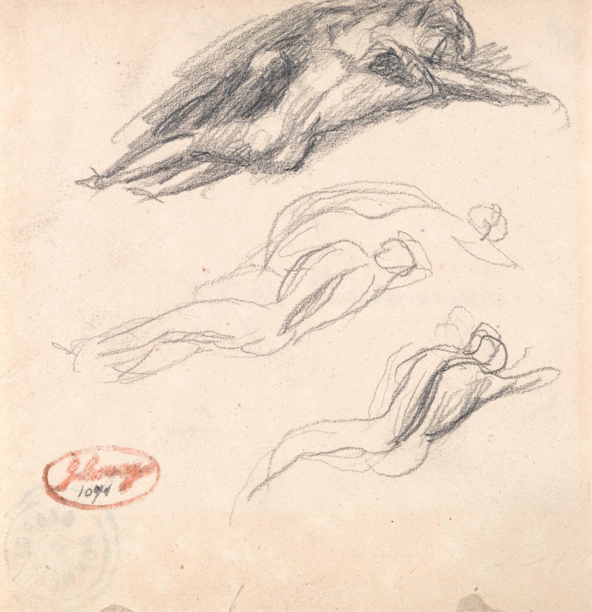 Kolme luonnosta nukkuvaa hahmoa, luultavasti Aatami ja Eeva, varten "Saatana löydetty Eevan korvasta". tekijältä George Romney