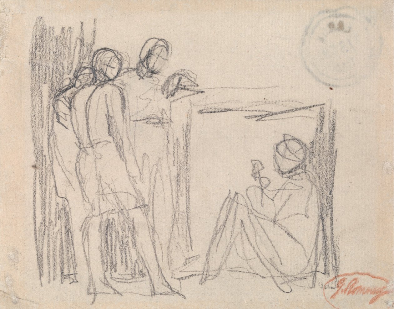 Kolme seisovaa hahmoa ennen istuvaa hahmoa tekijältä George Romney