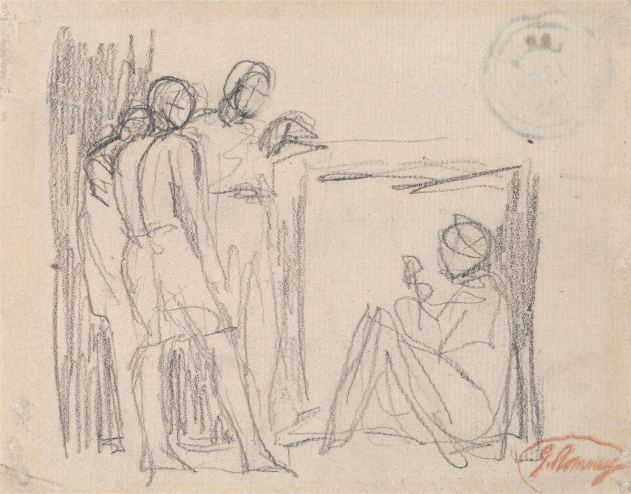 Kolme seisovaa hahmoa istuvan hahmon edessä tekijältä George Romney