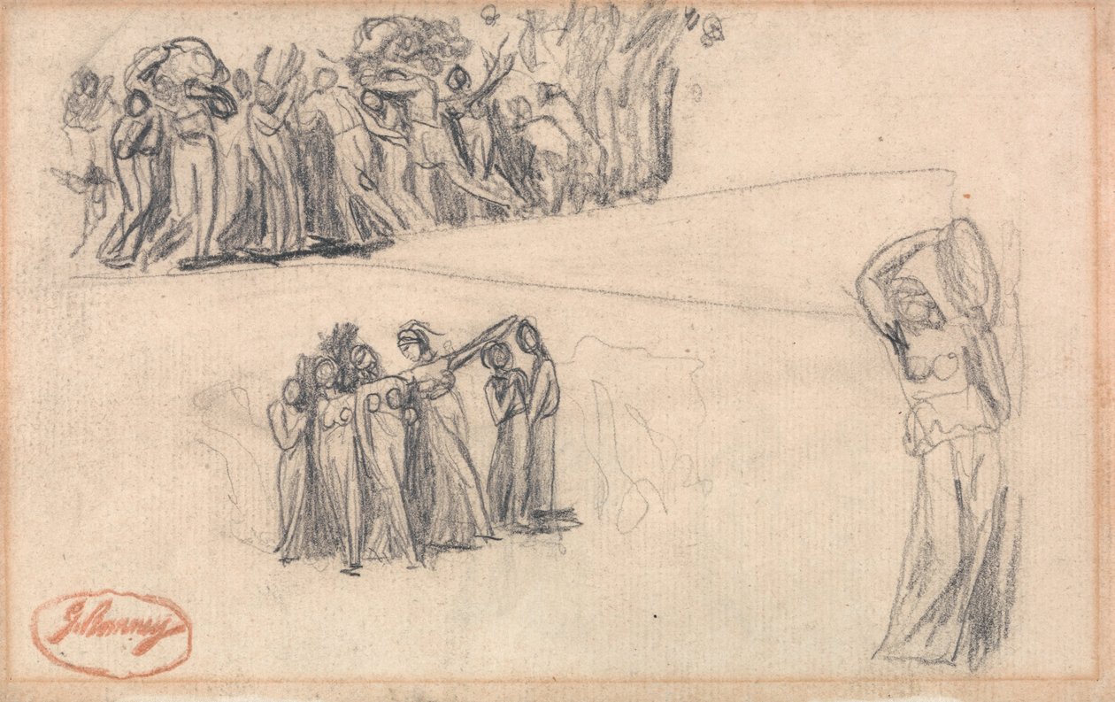 Kaksi luonnosta pakenevista naisista ja lapsista sekä seisova naishahmo, joka soittaa tamburiinia, kuten Lady Anne Levesonin "Dancing Gower Children" -teoksessa. tekijältä George Romney