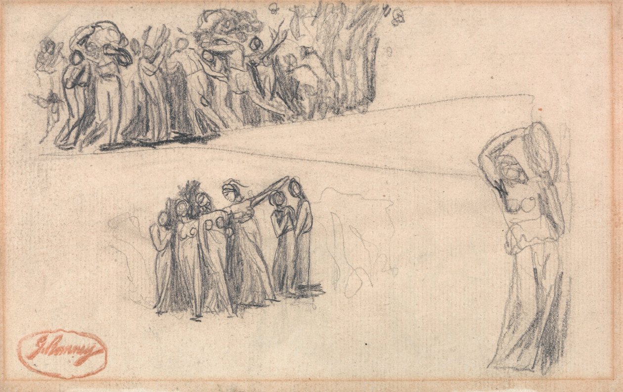 Kaksi luonnosta pakenevista naisista ja lapsista sekä tamburiinia soittava seisova naishahmo, kuten Lady Anne Levesonin teoksessa ”Dancing Gower Children” tekijältä George Romney