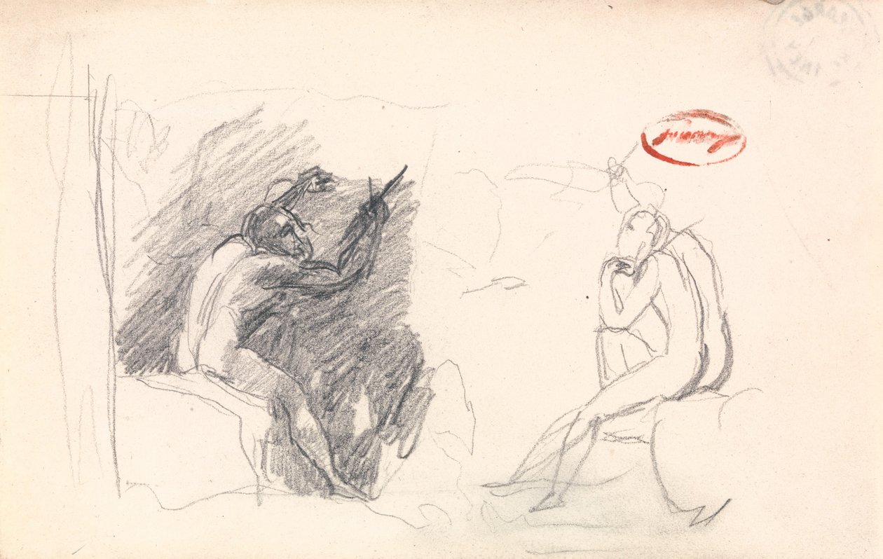 Kaksi luonnosta istuvasta miesalastomasta, takanäkymä tekijältä George Romney