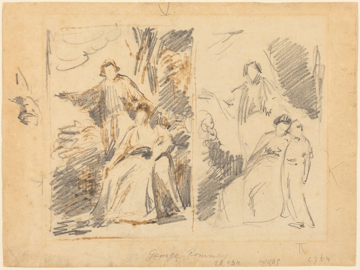 Kaksi luonnosta Warrenin perheen muotokuvaan tekijältä George Romney