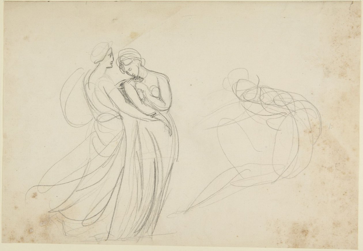 Kaksi naishahmoa istuvan hahmon edessä, luonnos teokseen ”Kaksi neitoa ennustajan luona” tekijältä George Romney