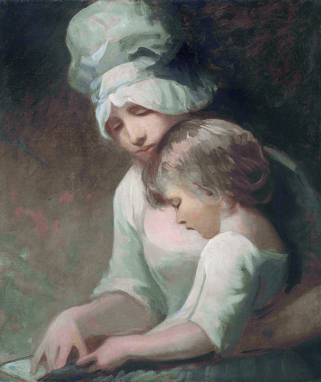 "A Mother and Child Reading" (A Mother and Child Reading) (Mrs Cumberland ja hänen poikansa) George Romneyn (1734-1802) maalaus - Öljy kankaalle Koko 63,5x53,7 cm Yksityiskokoelma tekijältä George Romney